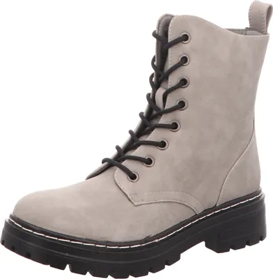 A single gray lace-up boot is shown against a white background.