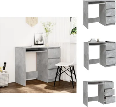 A collage of images showing a gray desk with drawers from different angles, and a larger image of the desk in a room setting.