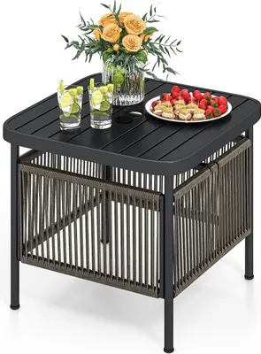 Immagine prodotto di COSTWAY tavolino da esterno resistente alle intemperie, tavolo da giardino in polyrattan con foro per ombrello, tavolino da balcone, tavolino 56 x 56 x 49cm