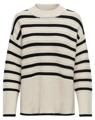 Imagen del producto de Suéter holgado de punto con cuello redondo, marca Damen Onlsia, color: beige con rayas, talla XL