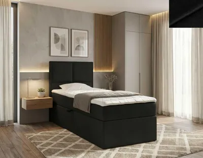 A bedroom scene featuring a black boxspring bed with a white mattress and bedding, a bedside table with a lamp and plant, and artwork on the wall.