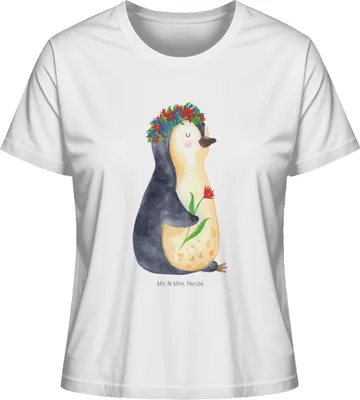 Produktbild von Mr. & Mrs. Panda Oberteil Damen Pinguin Blumen Größe XL - Weiß - Geschenk, Universum, Baumwoll T-Shirt, Basic Shirt, Leben, Wunderschön, Mit Spruch, Geschenkidee