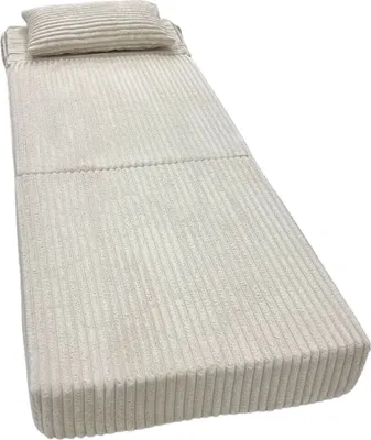 A folded mattress with a pillow on a white background.