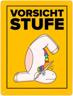 Produktbild von Vorsicht Stufe Metallschild XXL in 28x38 cm mit lustigem Einhorn