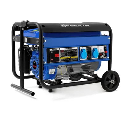 A blue and black generator with wheels, shown from a slight diagonal angle on a white background.