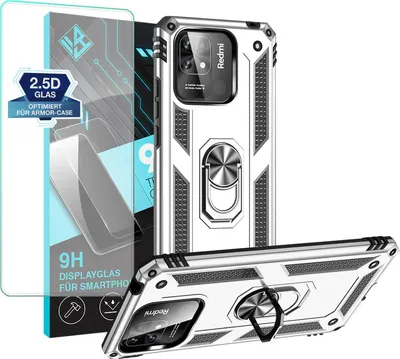 Produktbild von Armor Outdoor Handyhülle für Xiaomi Redmi 10C Handy Panzer Case Schutzhülle mit 9H Displayglas Displayschutz Farbe: Silber