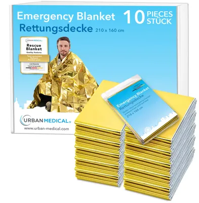 Produktbild von Set von 10 Isothermen Rettungsdecken Gold/Silber 210x160cm Wasserdicht
