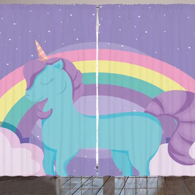 Produktbild von ARANDE Einhorn Gardine, Nettes Pony Regenbogen Dreamy Farbe Nursery Theme, 280 x 260 cm, Mehrfarbig Lavendel Blau