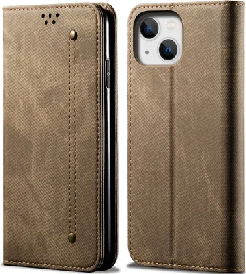 Image de Étui pour iPhone 15 Plus, étui portefeuille en cuir avec fermeture magnétique et support Kaki