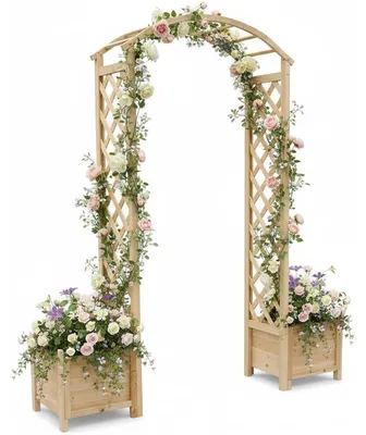 Produktbild von Mucola Spalier mit Pflanzkasten Rankgitter Rosenbogen Rankhilfe Blumenkübel Rosensäule Torbogen Holz Pergola Rankgestell - Naturbelassen