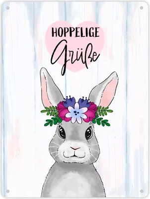 Produktbild von Hoppelige Grüße Metallschild XL in 21x28 cm mit süßem Osterhasen