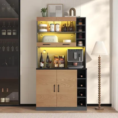 Immagine prodotto di Mobiletto da cucina buffet con illuminazione a LED e fori per cavi, in legno, 100x47x187 cm, colore marrone