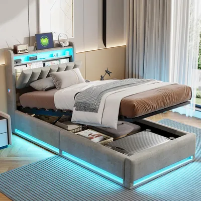 Produktbild von UnboxG Graues Samt-Einzelbett 90x200 cm mit Stauraum, LED-RGB-Beleuchtung & USB-C Ladefunktion – Kinderbett mit Kopfteilregal und moderner Aufbewahrung