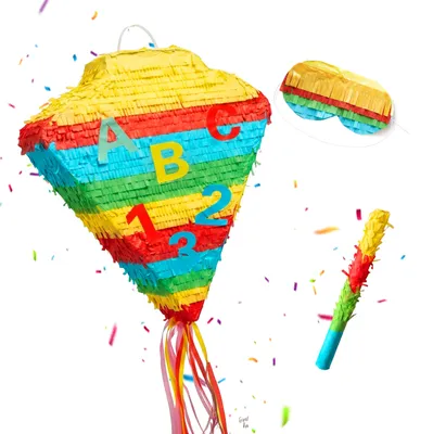 Image de Relaxdays Piñata pour la rentrée scolaire, avec bâton et masque, piñata pour enfants, rentrée scolaire, à remplir, dimensions : 48 x 36 x 7,5 cm, multicolore