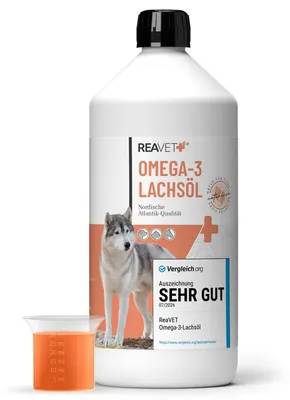 Image de REAVET Huile de saumon pour chiens 1 litre - riche en oméga 3 & 6, huile de poisson pour chiens hautement dosée, véritable qualité alimentaire sans additifs, fraîchement embouteillée en Allemagne