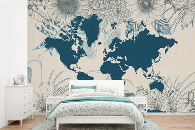 Produktbild von Weltkarte Wandtattoo - Blau - Blumen - Breite 525 cm x Höhe 350 cm