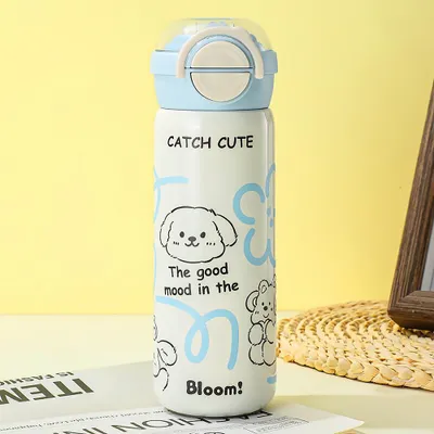 Produktbild von Thermobecher mit Strohhalm, Cartoon-Design, tragbare Trinkflasche, Edelstahl-Isolierflasche, Blau 550ml /LGTTB5/