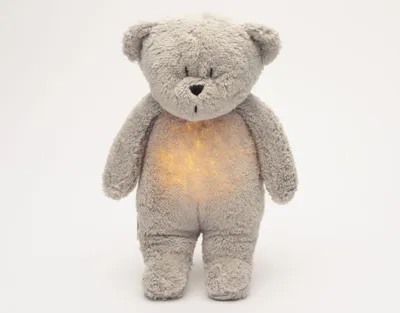A stuffed teddy bear with a light inside its belly.