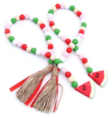 Fruchtholzperlenkette, 2 Stück, Wassermelone, Jutequasten, 71 cm