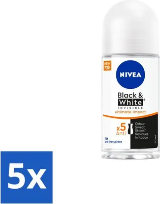 Produktbild von NIVEA - Deodorant Roller - Black & White Ultimate Impact - 72 Stunden Antitranspirant - 50 ml - Vorteilspack - 5 Stücke