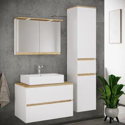 Produktbild von VCM 4-tlg. Waschtisch Set mit Keramikbecken, Badschrank mit 2 Softclose-Schubladen, Hochschrank, Spiegelschrank mit Beleuchtung und Steckdose, Maße Unterschrank H. 51 x B. 80 x T. 51 cm, Cosila-A