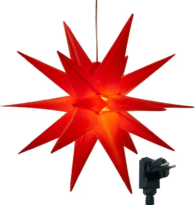 Produktbild von 3D Leuchtstern mit warm-weißer LED Beleuchtung und Timer, für Innen und Außen geeignet, Weihnachtsstern - Außenstern, hängend / 7,5 m Zuleitung (Rot)