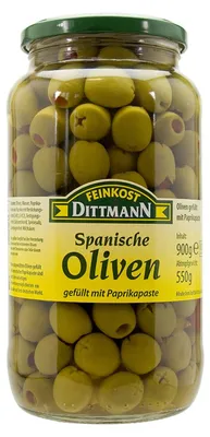Produktbild von Feinkost Dittmann Spanische grüne Oliven gefüllt mit Paprikapaste, 900 g