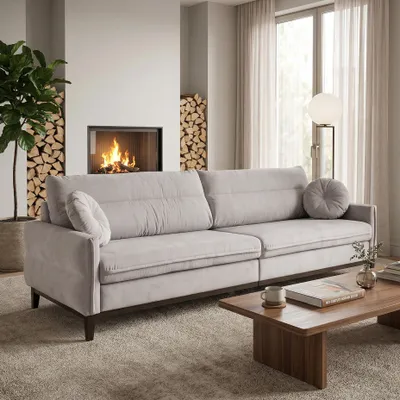 Produktbild von BEAUTYSOFA | Sofa BELLANO - Gepolsterter 3-Sitzer Sofas Loungesofa mit Armlehnen - Veloursstoff in Hellgrau mit schwarzen Holzbeinen