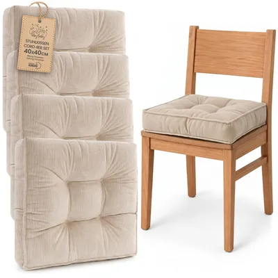 Produktbild von Stuhlkissen Cordstoff 40x40 cm 4er Set Sitzkissen für Esszimmer und Küche Beige