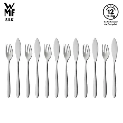 Produktbild von WMF Silk Fischbesteck 12-teilig, 6 Fischgabeln 18,6 cm & 6 Fischmesser 20,5 cm, Cromargan Edelstahl 18/10 seidenmatt, spülmaschinenfest, gabel, messer