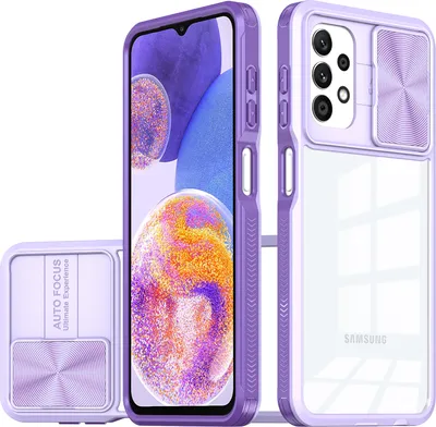 A purple phone case with a clear back and a sliding camera cover is displayed next to a phone with a purple case.