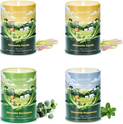 Immagine prodotto di Candele alla citronella per esterni, 4 pezzi da 100 g ciascuna, durata 80 ore, cera di soia naturale, candele alla citronella con olio di citronella, ideali per giardino, campeggio e picnic