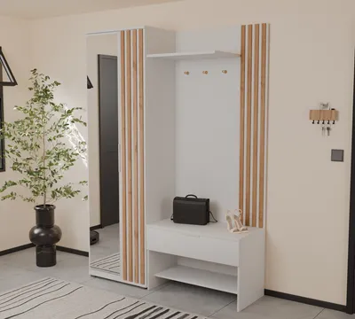 Produktbild von 4ALLHOME Garderobenschrank KILO 140 cm mit Spiegel und Lamellen – Moderne Garderobe mit Stauraum in Weiß