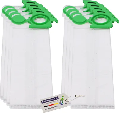 Two stacks of vacuum cleaner bags with green plastic holders on top, placed on a white background.