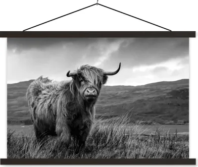 Produktbild von MuchoWow® Textilposter Schottisches Hochlandrind - Berg - Wasser - Natur - Kuh 120x80 cm mit schwarzem Rahmen - Wanddeko