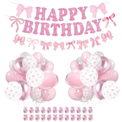 Geburtstags-Deko-Set, 56-teilig, rosa Schleifen, Ballons, Banner