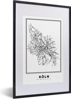 Produktbild von MuchoWow® Gerahmtes Poster Karte - Stadtplan - Köln - Deutschland - Schwarz und weiß 40x60 cm - Poster mit Schwarzem Bilderrahmen Wandposter Rahmen Foto Bilder - Poster in Rahmen