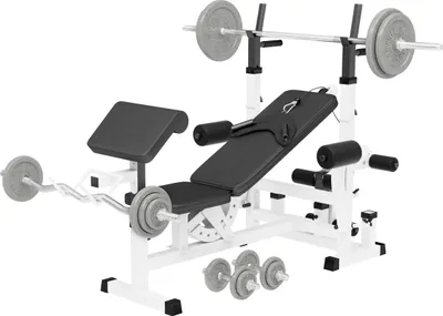 Produktbild von GORILLA SPORTS® Multifunktion Hantelbank - inkl. Hantelset mit 108 kg Gewichten, Verstellbar, mit Langhantel-Ablage, Curlpult und Butterfly, Dip-Station, Beinstrecker - Trainingsbank, Kraftstation