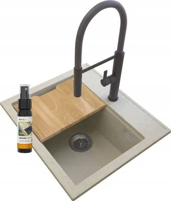 Produktbild von Waschbecken Aus Granit Foxal Beige + Hohe Mischbatterie Schwarz