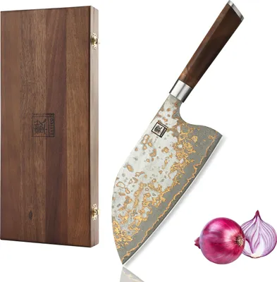 Produktbild von MysticMagma Kochmesser Chai Dao I 20,5 cm Klinge aus 67 Lagen Damaststahl mit Kupfer- und Bronze-Einlage I DualCurve Griff aus Ahornwurzelholz I Holzbox