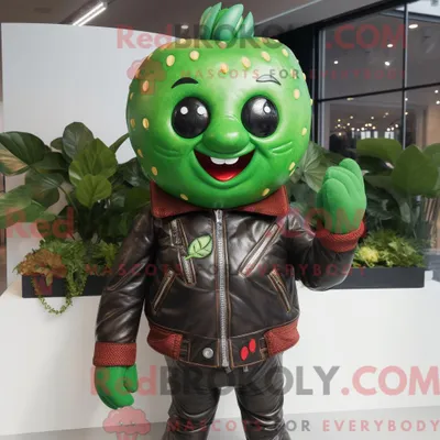 Produktbild von Maskottchenkostüm REDBROKOLY Grüne Erdbeere mit Lederjacke und Hosenträgern