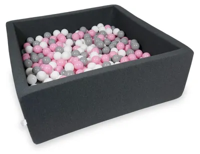 Imagen del producto de Cama para pelotas de 110x110x40 cm, color grafito, con 600 pelotas: rosa pastel, gris y blanco