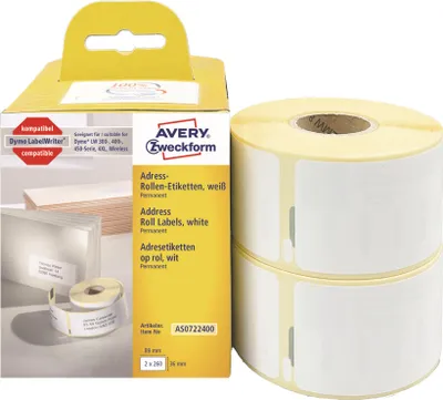 Produktbild von Avery Zweckform AS0722400, Rollen-Etiketten, 36 x 89  mm, 520 Etiketten / 2 Rollen, weiß