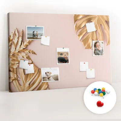 Obrázek produktu pro Korková nástěnka s kolíčky - Tabule s kolíky pro fotografie a poznámky - 120x80 cm - Připínáčky barevné 100 kusů - Zlaté tropické listy
