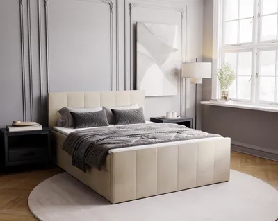 Obrázek produktu pro ADIDAR skříňová postel Nicola 160x200 cm s matrací - čalouněná postel s dřevěným rámem postele, topper, podnož Noble look (krémová - Amor Velvet 4323)