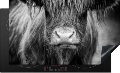 Produktbild von KitchenYeah© Herdabdeckplatte Schottischer Highlander - Kuh - Schwarz - Weiß - Tiere , 89x51cm, Küche Deko, Glaskeramikkochfeld Herdabdeckung, Abdeckplatte fùr Kochfeld