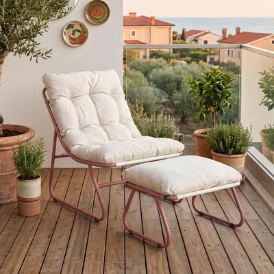 Immagine prodotto di Set di mobili da giardino "Malmö", composto da:
- 2 poltrone
- Poggiapiedi
- Cuscini imbottiti
- Struttura in metallo
- Colore: terracotta/beige
