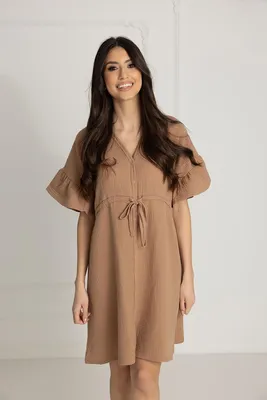 Produktbild von DOLCE SONNO Stillnachthemd Celine – Umstands- und Stillnachthemd aus 100 % Musselin-Baumwolle für Schwangere & Stillende, Sommerkleid/Nachtwäsche für Damen – Farbe: Toffee, Größe: M