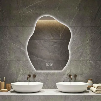 Produktbild von AIORBER LED Badspiegel Unregelmäßig Touch Anti-Beschlag 3 Lichtfarben Dimmbar Wandspiegel Design Asymmetrisch Badezimmerspiegel, 50x70 cm, Silber
