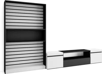 Produktbild von Wohnwand Wohnzimmer, 310x35x186cm, Für TV-Geräte bis zu 80", Wohnzimmer Möbel, Weiß und Schwarz